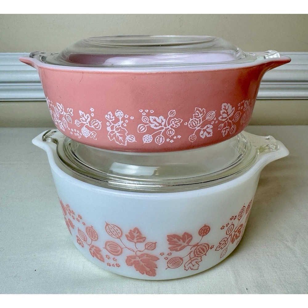 Pyrex Pink Gooseberry Casserole Dish Set 2 Bowls W Lids 471 472 Ovenware
